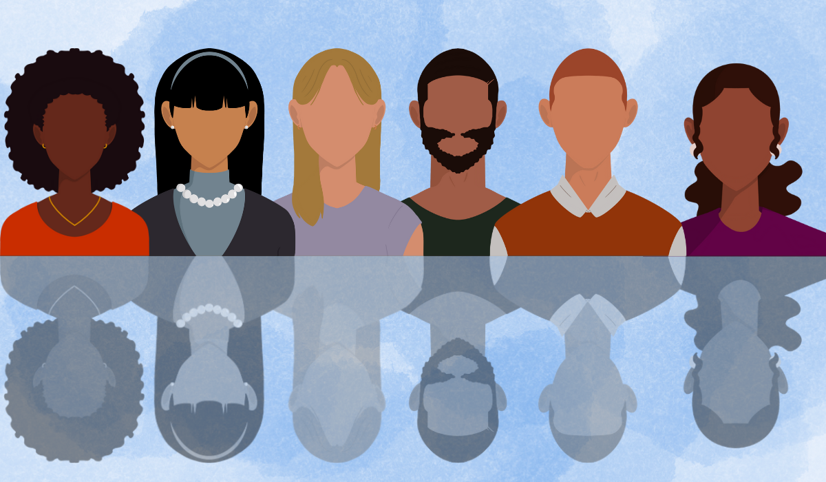 A diverse group of six stylized characters with varying hairstyles and skin tones, reflected in a surface below