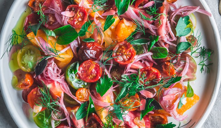 The Sunday Dinner Table: Gregory Gourdet's Tomatoes on Tomatoes with Shallot-Chili Dressing