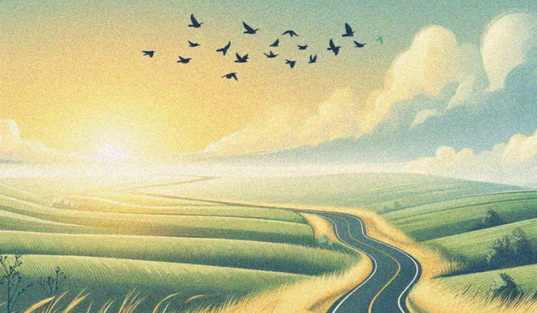 A graphic picture of a winding road disappearing into the sunset amongst rolling green fields.