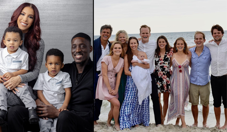 Tony Snell with his wife and two children; and Tim Shriver with his family.