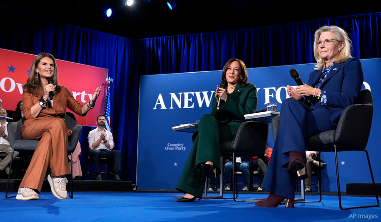 Maria speaks during a conversation with VP Kamala Harris and former Republican Congresswoman Liz Cheney.