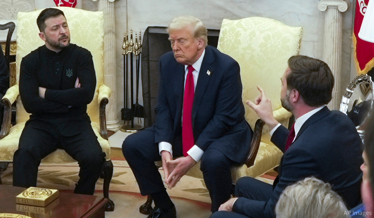 President Donald Trump speaks with Vice President JD Vance and Ukrainian President Volodymyr Zelensky