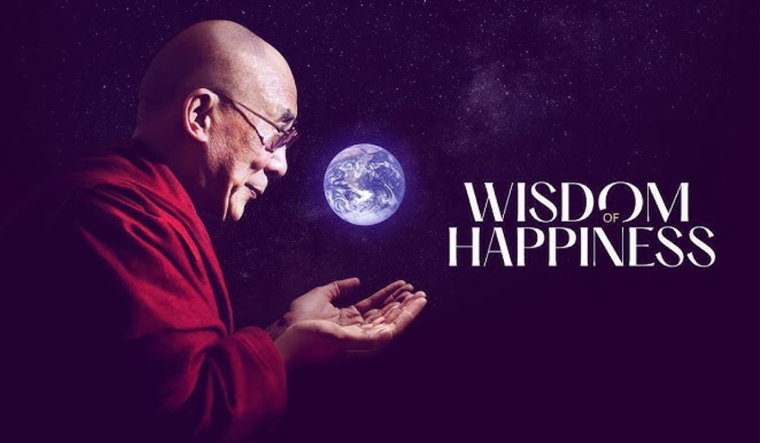 Wisdom of Happiness poster with the Dalai Lama and Earth.